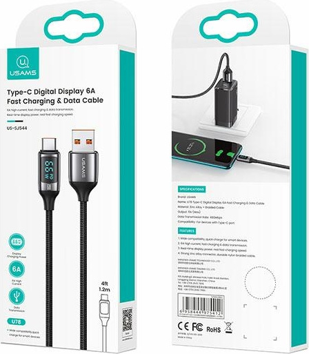 USAMS Nylon Cable U78 USB-C 1.2m LED 6A Fast Charging white SJ544USB02 (US-SJ544)