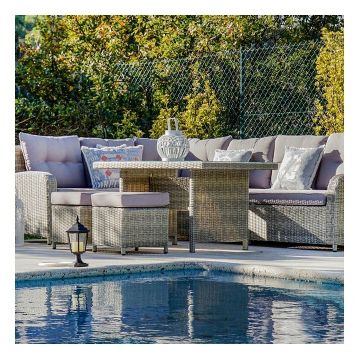 Zestaw Kanapowy ze Stołem DKD Home Decor MB-166669 Zewnętrzny Szkło Poliester rattan syntetyczny Stal (267 x 204 x 90 cm) (4 pcs