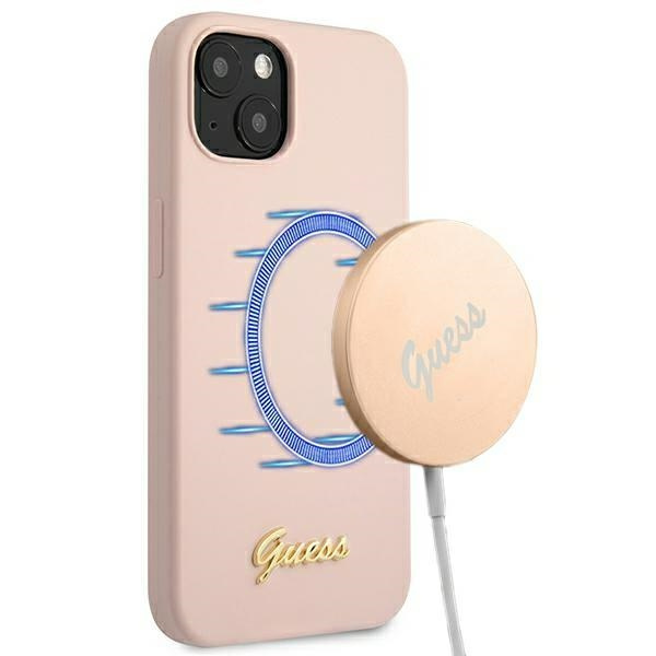 Guess GUHMP13MLSLMGLP Apple iPhone 13 light pink hardcase Silicone Script Gold Logo Magsafe