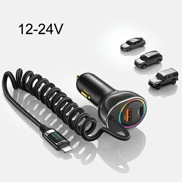 USAMS US-CC193 car charger 1xUSB-A 18W+1xUSB-C 30W + cable Ligtning 30W PD+QC Fast Charge black