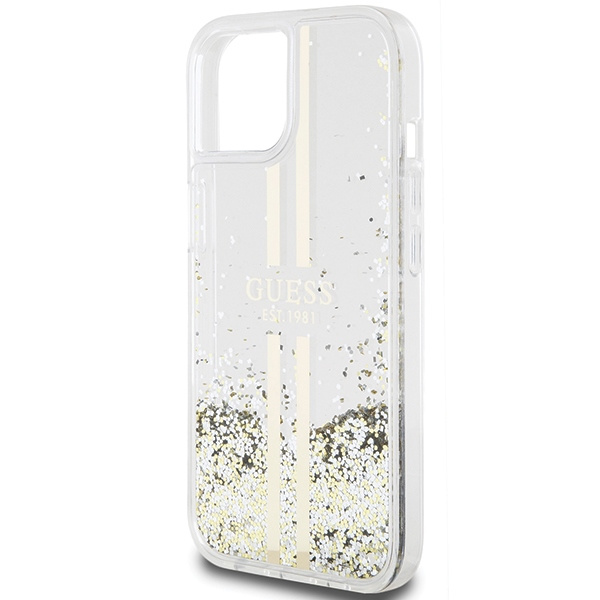 Guess GUHCP15MLFCSEGT Apple iPhone 15 Plus / 14 Plus hardcase Liquid Glitter Gold Stripes transparent