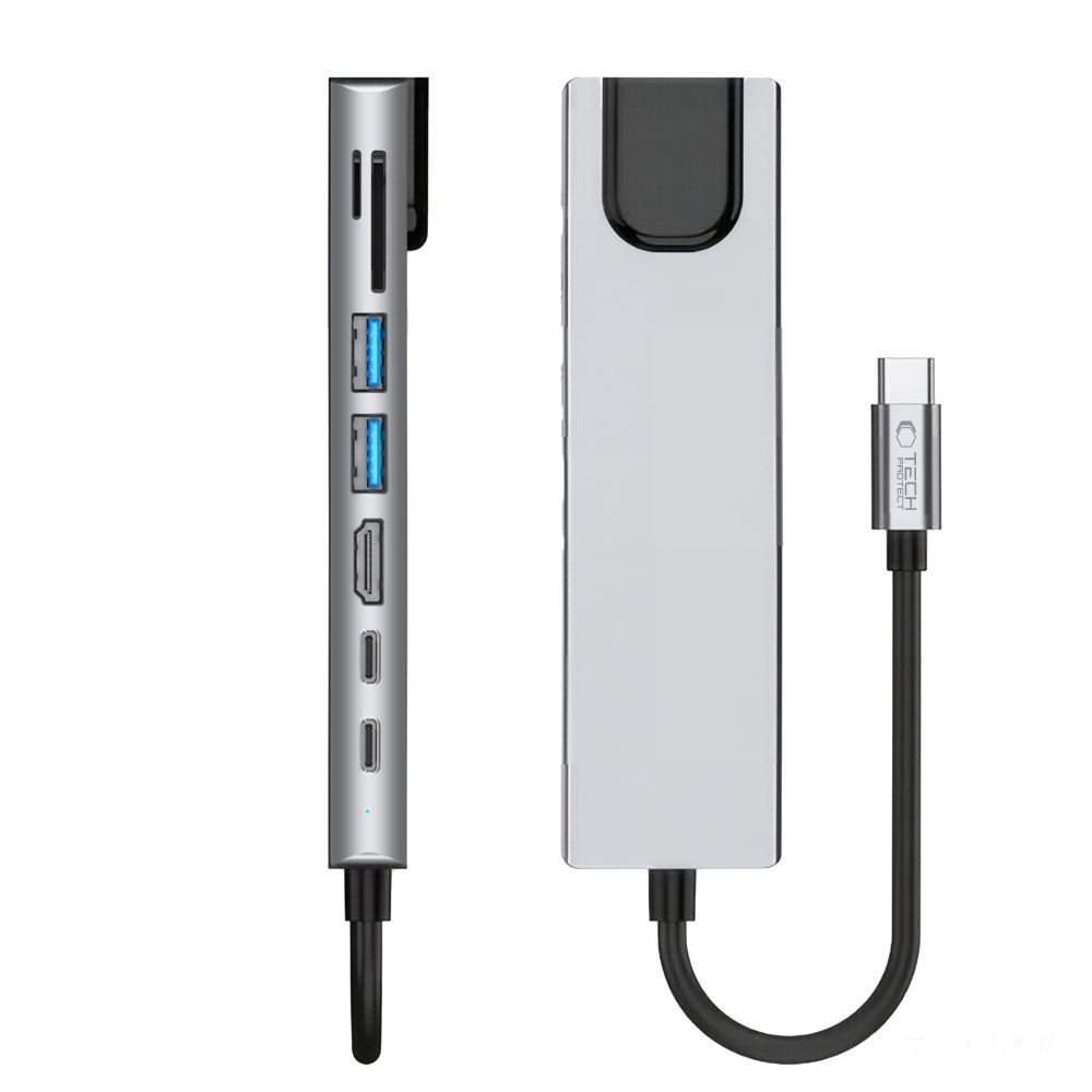 Adapter 8w1 Tech-Protect HB09 Hub Adapter 8in1 USB-C / 2xUSB-A 3.0, USB-C 3.0, USB-C PD 100W, HDMI 4K 60Hz, SD/TF, RJ45 1000Mb/s Space Grey