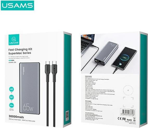 USAMS Powerbank PB59 30000mAh 65W 2xQC3.0+PD Fast Charge black CMXLOGTC01 (US-CD165) + cable USB-C-USB-C