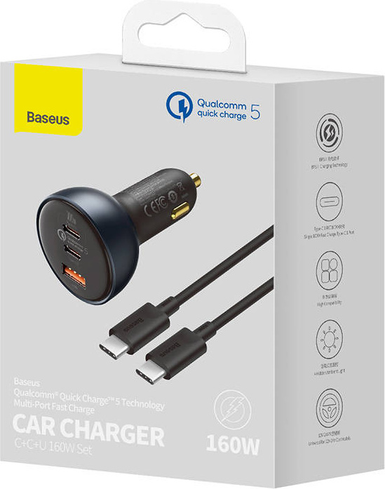 Baseus Qualcomm Car Charger USB, 2x USB-C, 160W (gray)