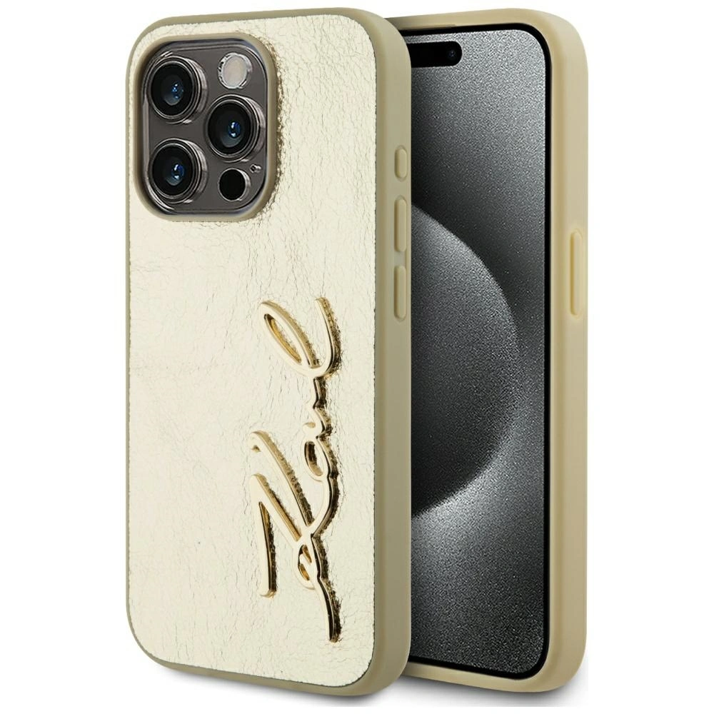 Etui Karl Lagerfeld Wrinkled Metal Signature do Apple iPhone 15 Pro Max złoty