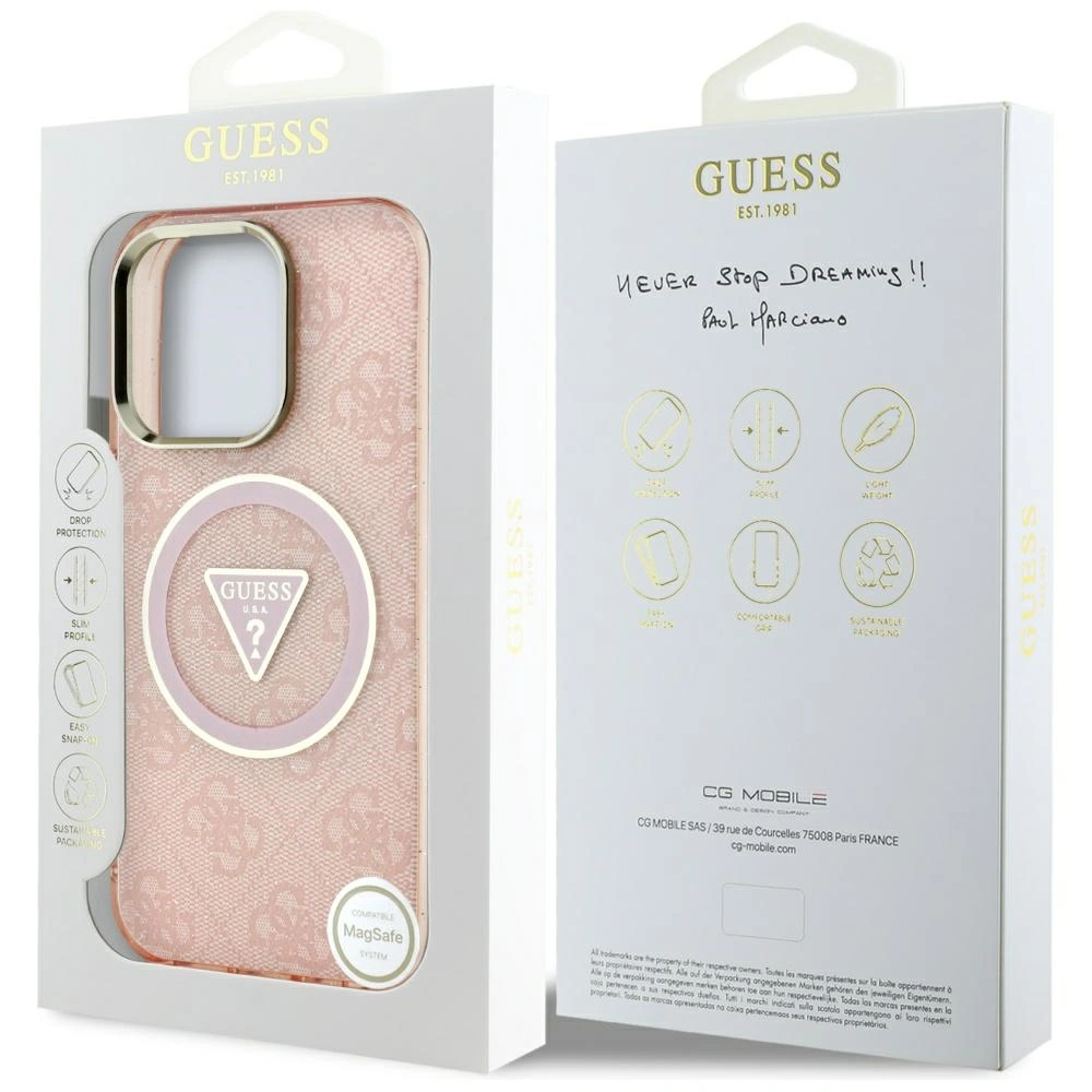 Etui Guess IML Metal Glitter 4G Circle Triangle MagSafe do Apple iPhone 16 Pro różowy