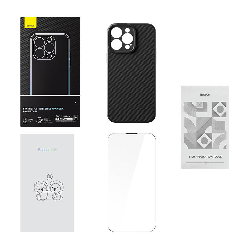 Baseus Synthetic Fiber Series Apple iPhone 14 Pro (black) + tempered glass + cleaner kit