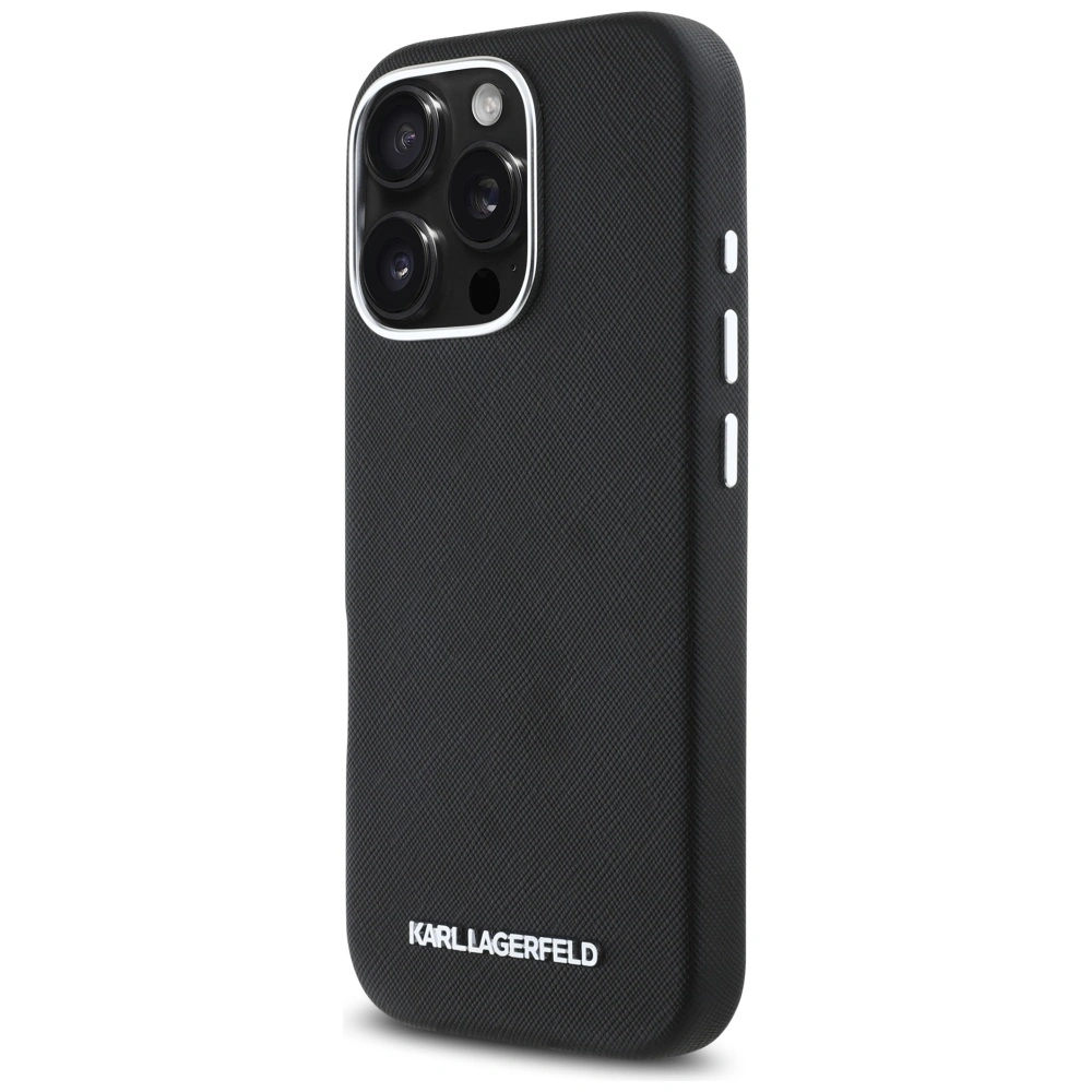 Karl Lagerfeld Saffiano Full Wrapped Elongated Metal Logo MagSafe Apple iPhone 16 Pro Max black
