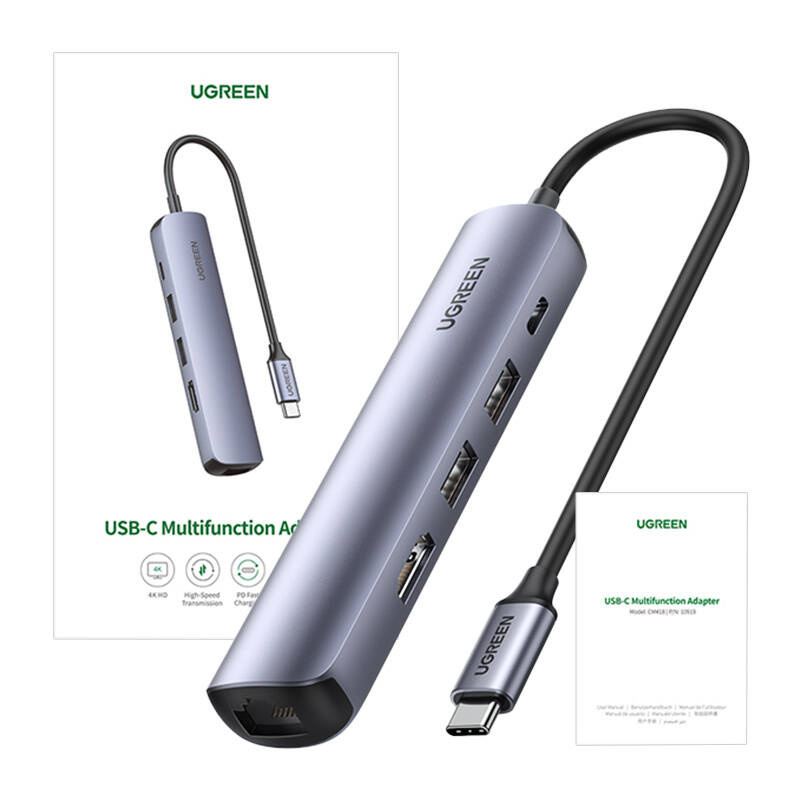 UGREEN Revodok CM418 hub USB-C / 2xUSB-A, HDMI 4K30Hz, RJ45 1Gbps, PD 100W grey