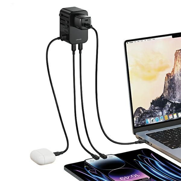 USAMS T62 Univesal Travel Charger US/AU/EU/UK 1xUSB, 2xUSB-C 65W black 