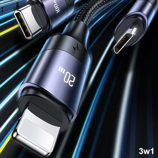 USAMS Cable U71 3in1 1.2m 6A Fast Charge black (USB/USB-C - Lightning/microUSB/USB-C) SJ511USB01 (US-SJ511)