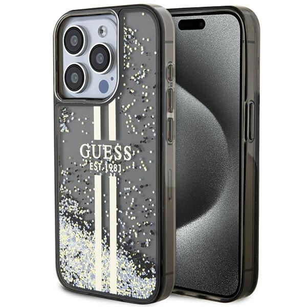 Guess GUHCP15LLFCSEGK Apple iPhone 15 Pro hardcase Liquid Glitter Gold Stripes black