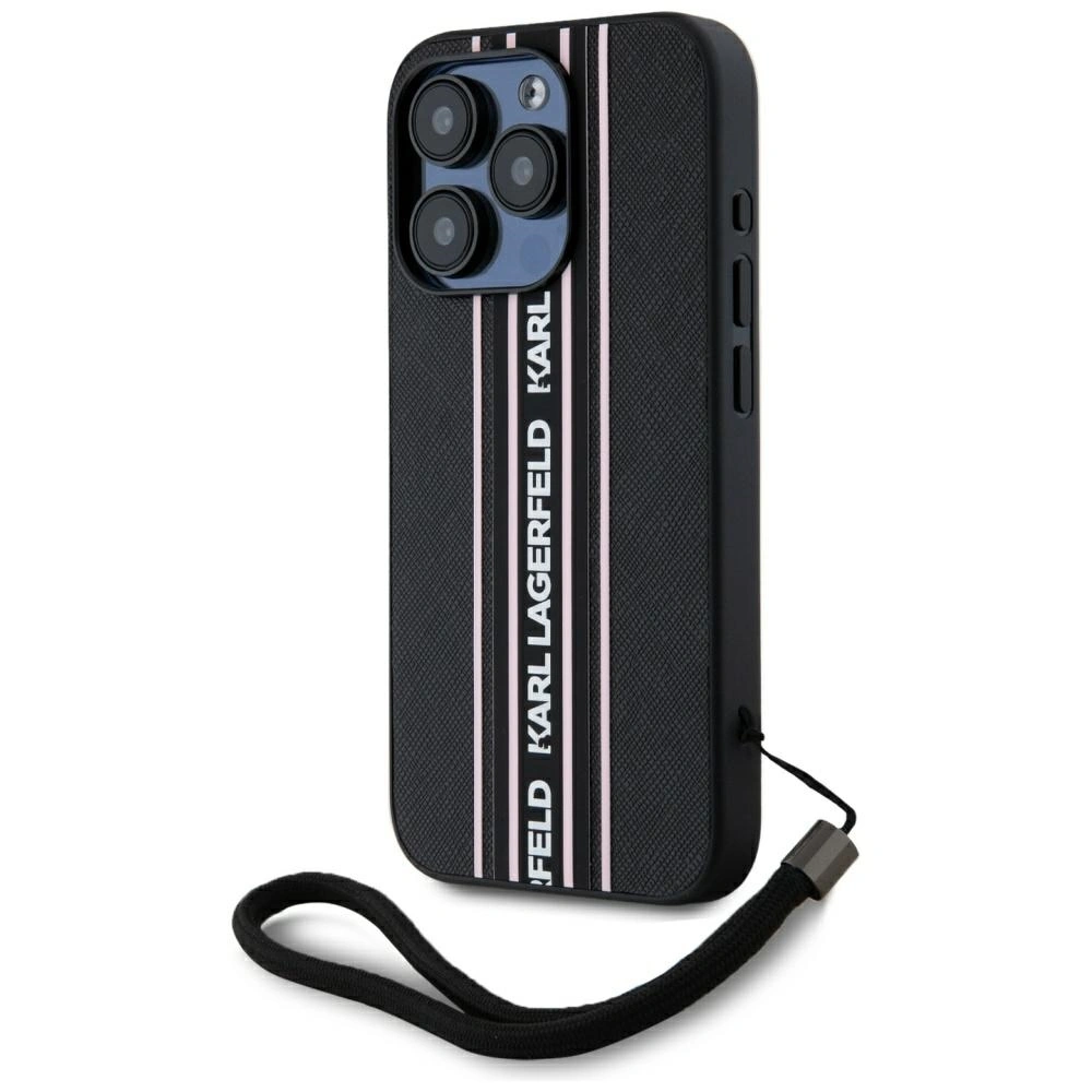 Etui Karl Lagerfeld Saffiano Athleisure Stripes Cord do Apple iPhone 15 Pro Max czarno-różowy