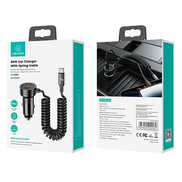 USAMS Car Charger with Spring Cable 2xUSB-C 1xUSB-A C33 60W black CC167CC01 (US-CC167)